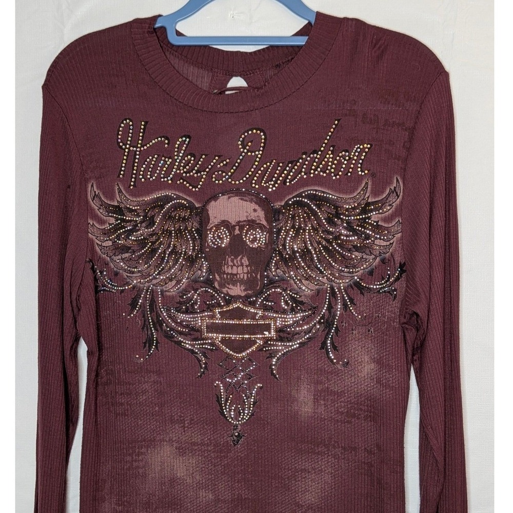 Vtg Harley-Davidson Studded Lace Up Back Shirt Women's Skull Wings Fitted Med Lg